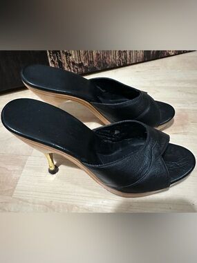 Re-Mix Hollywood Stilettos Black Leather Open-Toe Mule Heels